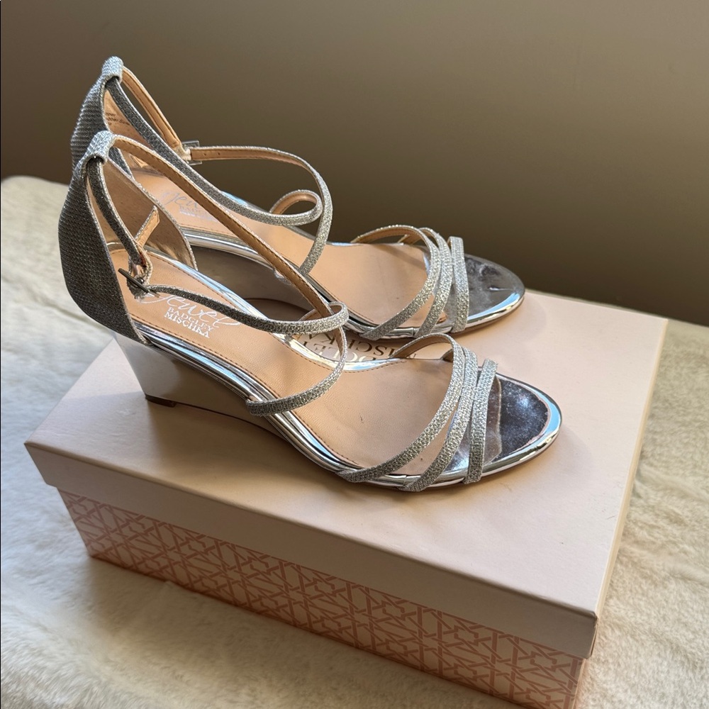 Jewel Bradley Mischka silver wedge sparkly shoes